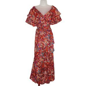 Tanya Taylor Clementine Silk Wrap Maxi Dress 10 Leopard Flutter Sleeve Flamenco